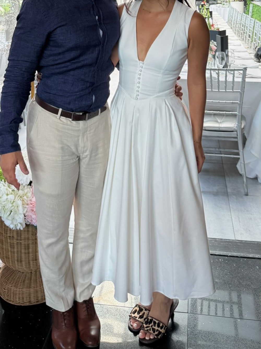Meshki White V-Neck Sleeveless A-Line Midi Dress